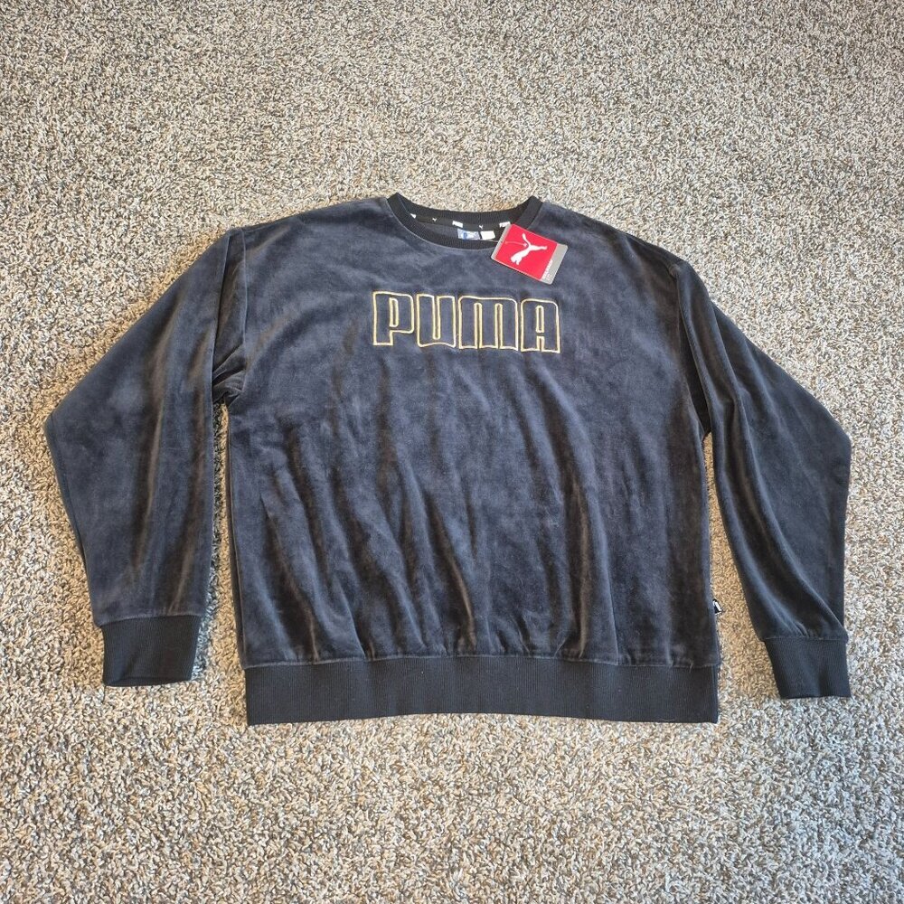 Puma Sweatshirt Crewneck Velour Velvet Black Gold Logo Lounge New Womens XL